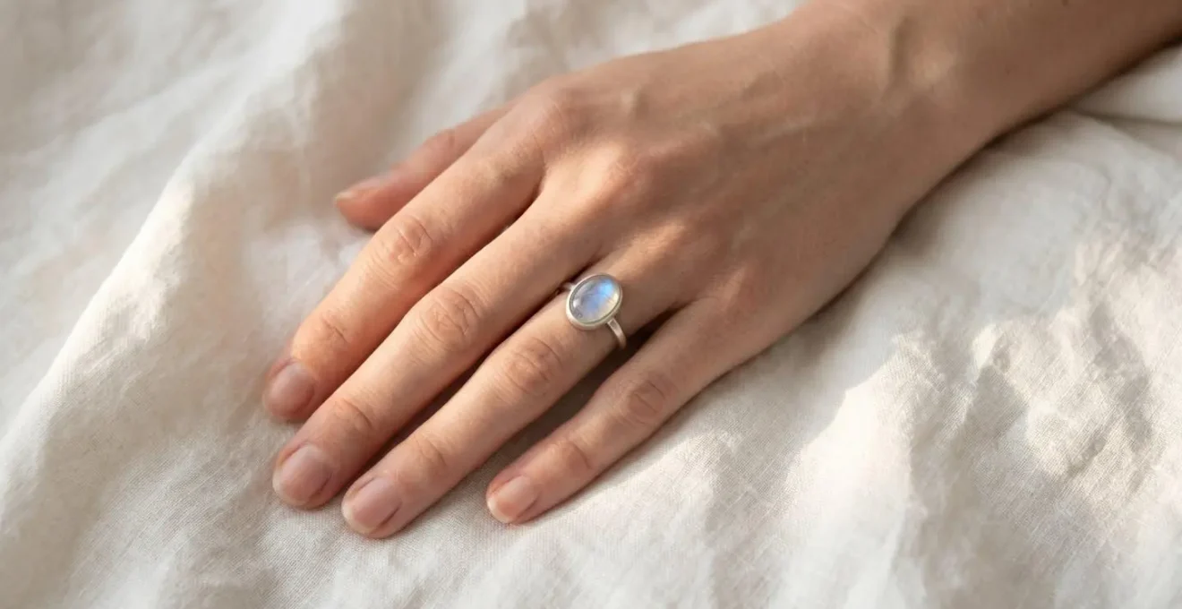 Gros plan d'une main féminine portant une bague en pierre de lune ovale sur argent 925, posée sur du lin blanc, lumière naturelle révélant les reflets bleutés de la pierre