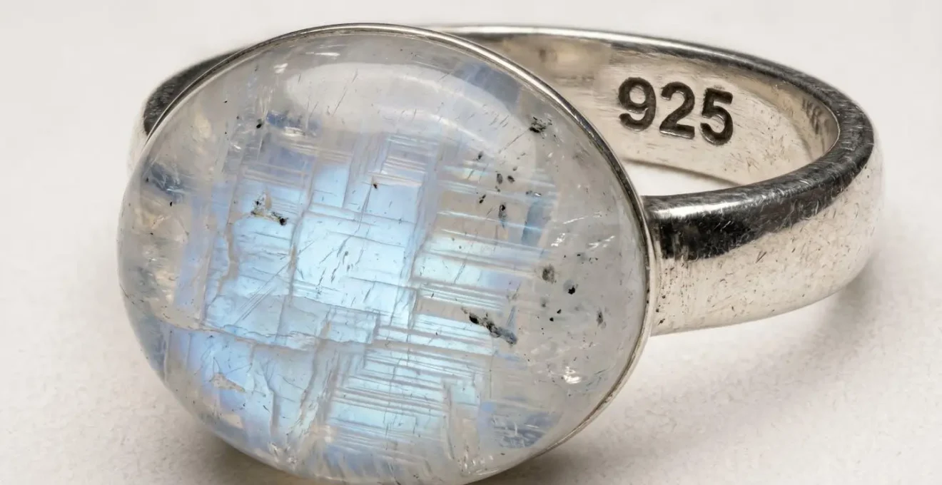 Macro détail d'une pierre de lune cabochon sur bague argent 925 montrant les inclusions naturelles et le poinçon gravé
