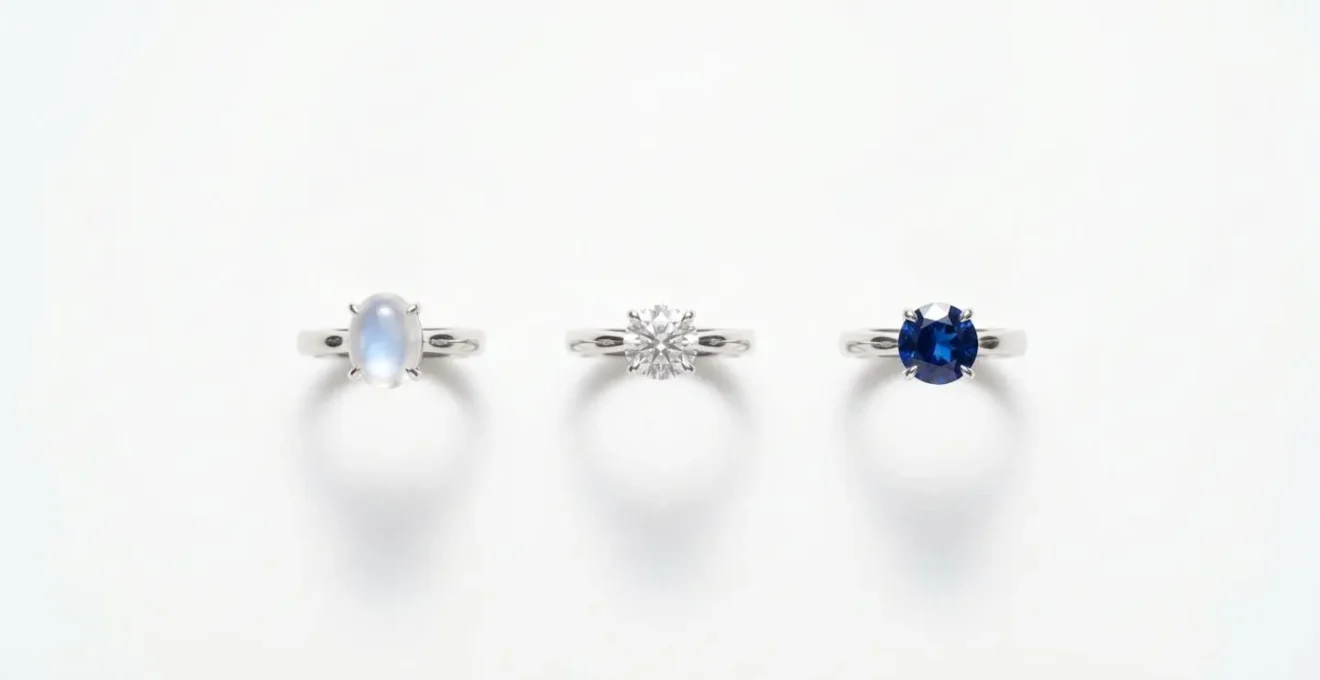 Trois bagues de fiançailles alignées sur fond blanc : pierre de lune bleutée, diamant transparent et saphir bleu, comparaison visuelle des options